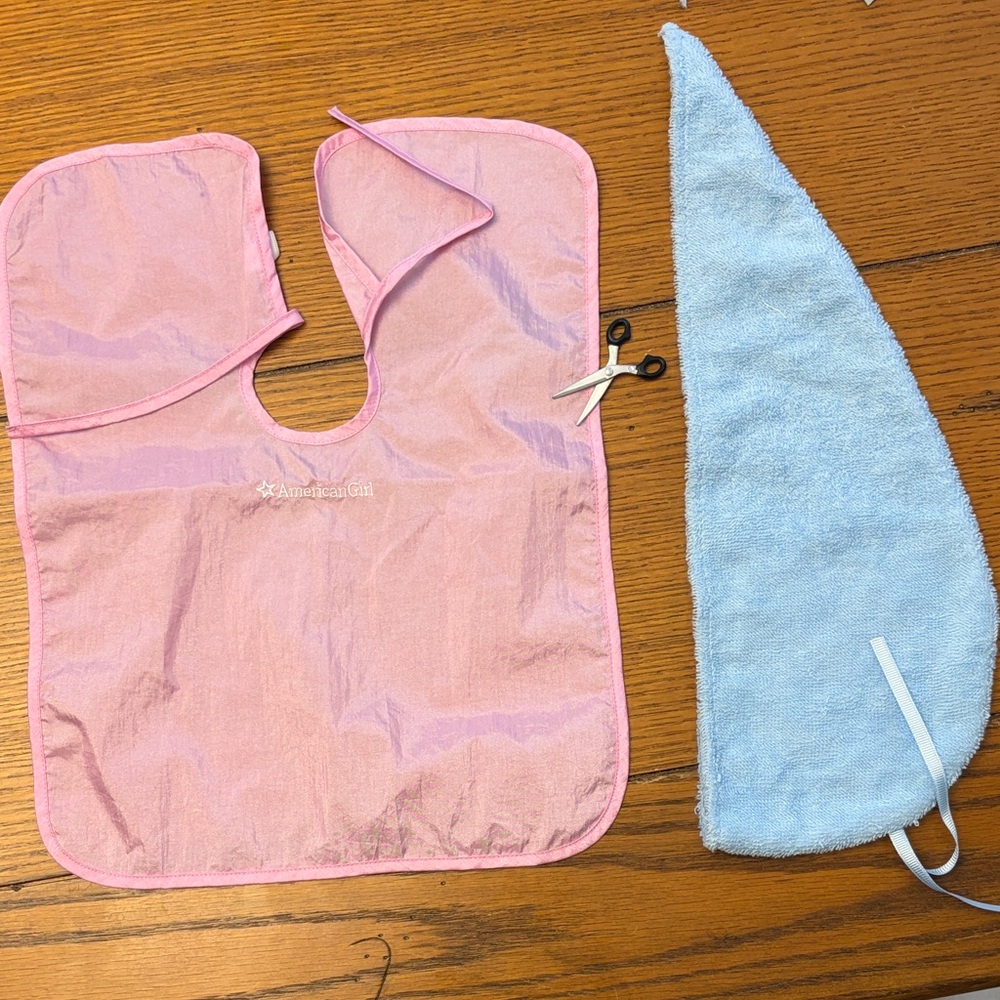 American Girl Pink Salon Cape & Blue Towel Turban Set